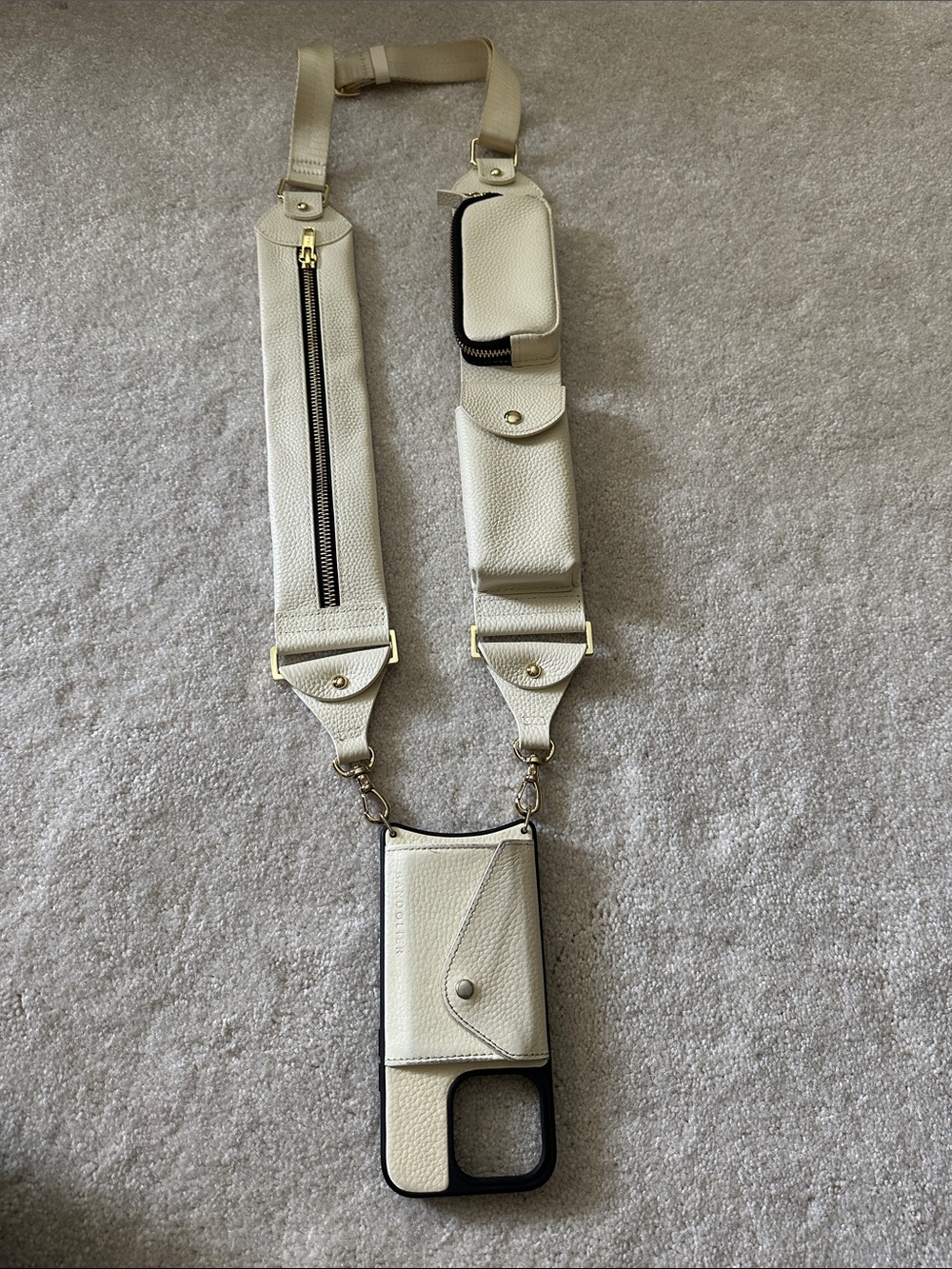 Bandolier Cream Leather Crossbody Phone Strap with Pockets & Gold Hardware